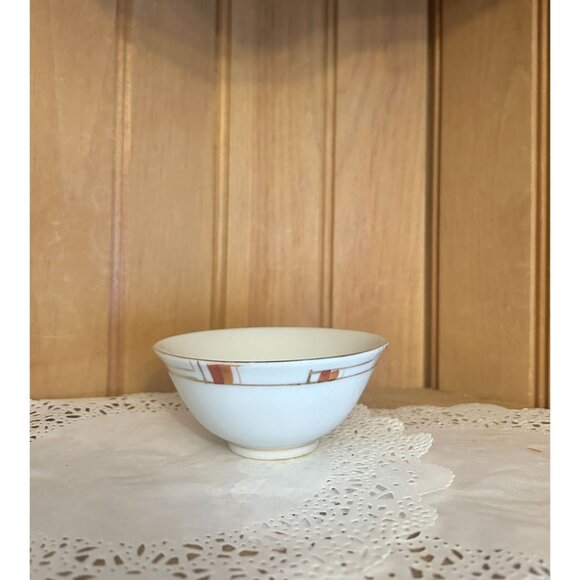 4 Vintage Porcelain Rice Bowls Hand Painted Orange Gold Geometric Abstract - Picture 4 of 6